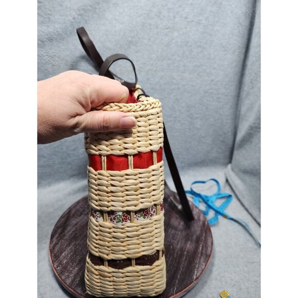 Woven Straw Tote Bag With Floral Accents & Red Lining - Picture 9 of 14